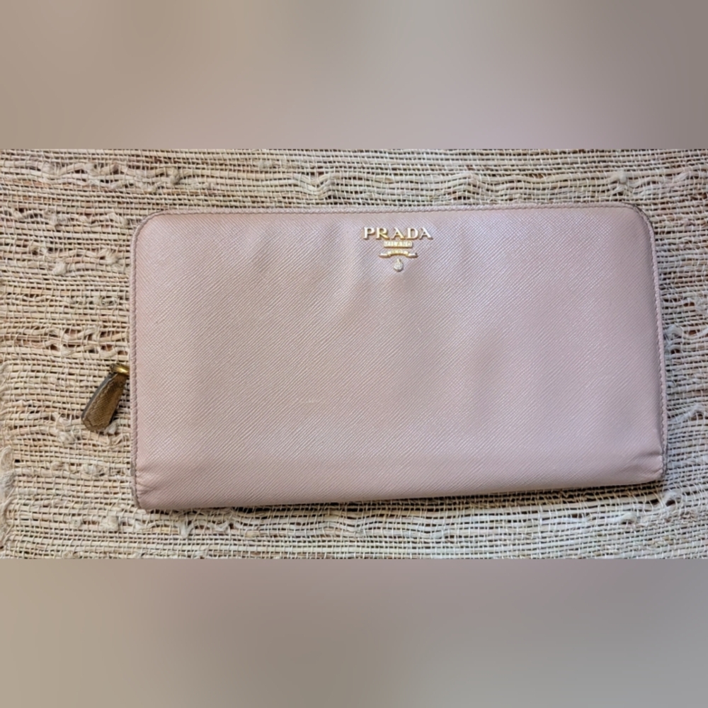 Prada • Saffiano Leather Bi-fold Zip Organizer Wallet in Taupe w/ Gold Interior